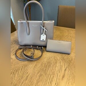 Kate Spade New York Pebbled Leather Satchel + Wallet Set Gray Crossbody Strap
